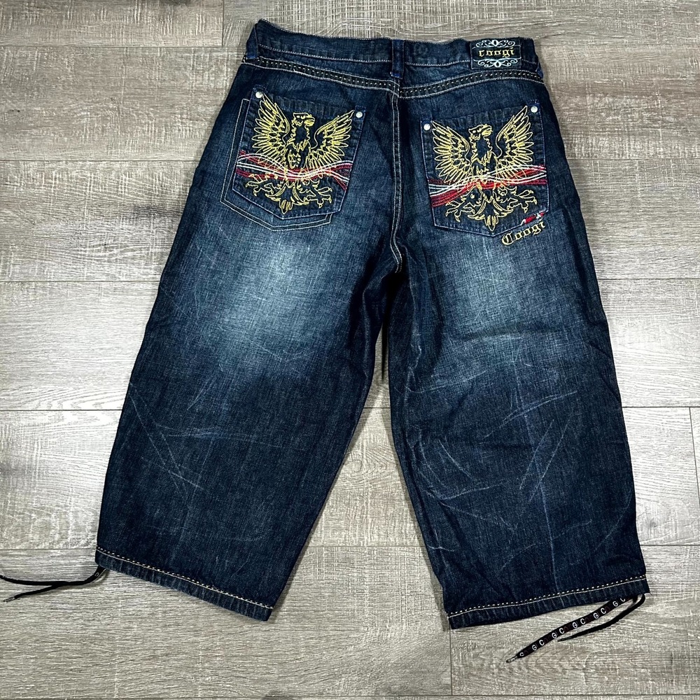 Coogi Baggy Denim Shorts Mens 38 Blue Embroidered Eagle Y2K Hip Hop Streetwear